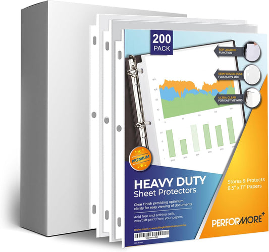 Performore 200-Pack Heavy Duty Sheet Protectors, 8.5x11, archival-Safe, high Clarity, Ink-Resistant, 3-Hole Punched—Perfect for organizing and Protecting documents.
