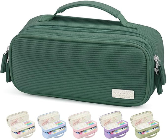 Sooez Large Pencil Case Pouch, Soft Corduroy Pencil Bag with Handle, Cute Pen Case, 5 Compartments, Wide Opening Pen Pouch Organizer with Zipper, Aesthetic School Supplies for Girls Women, Dark Green