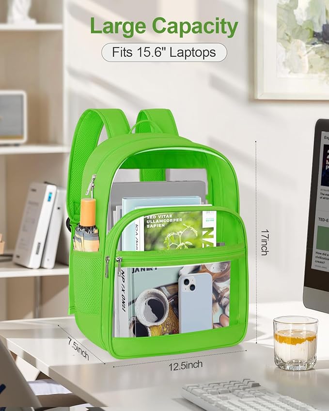 Clear Backpack, Heavy Duty Transparent Bookbag for School, Fabric & PVC Transparent Backpack with Reinforced Strap for Women Men, Capacity Clear Bag for College, Travel, Security, Green