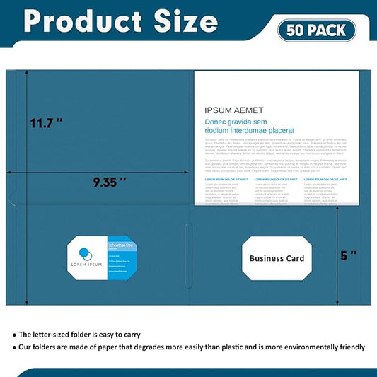 Two Pocket Folders, PANDRI 50 Pack 2 Pocket Folders, Letter Size Paper File Folder for School Office Home Business, DarkBlue