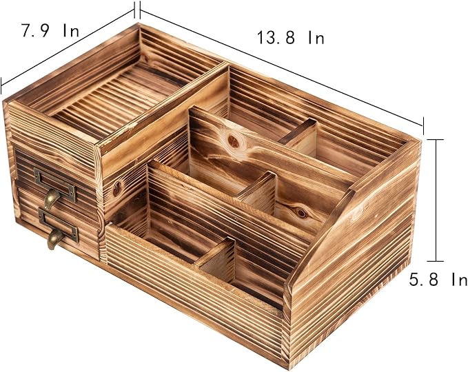 Distressed Rustic Wooden Office Desktop Drawers Organizer Wood Shelf Tabletop Home Organizer Storage with Multiple Compartments,perfect Jewelry storage Display Box for Desk, Vanity (Dark Brown)