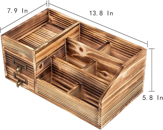 Distressed Rustic Wooden Office Desktop Drawers Organizer Wood Shelf Tabletop Home Organizer Storage with Multiple Compartments,perfect Jewelry storage Display Box for Desk, Vanity (Dark Brown)