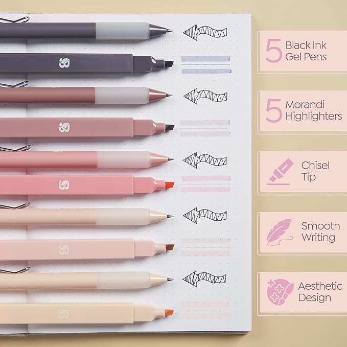 BLIEVE Aesthetic Highlighters and Gel Pens And Soft Tip, No Bleed Dry Fast Easy to Hold, for Bible Journaling Planner Notes School Office Supplies (Morandi)