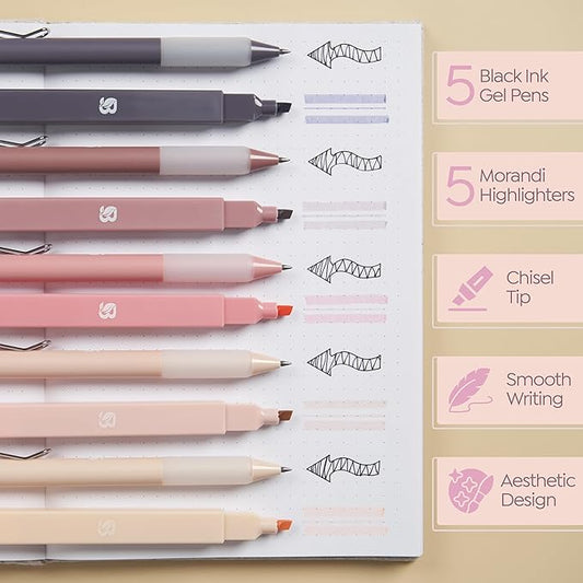 BLIEVE Aesthetic Highlighters and Gel Pens And Soft Tip, No Bleed Dry Fast Easy to Hold, for Bible Journaling Planner Notes School Office Supplies (Morandi)
