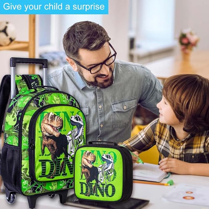 CCJPX 3PCS Dinosaur Kids Rolling Backpack Boys, School Bookbag with Wheels, Travel Roller Wheeled Backpacks for Toddler Elementary-Green