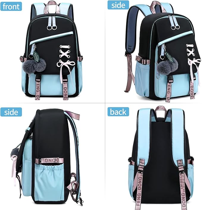 FENGDONG Teenage Girls Bookbag school Backpack Children Casual Daypack Schoolbag for Teens Blue
