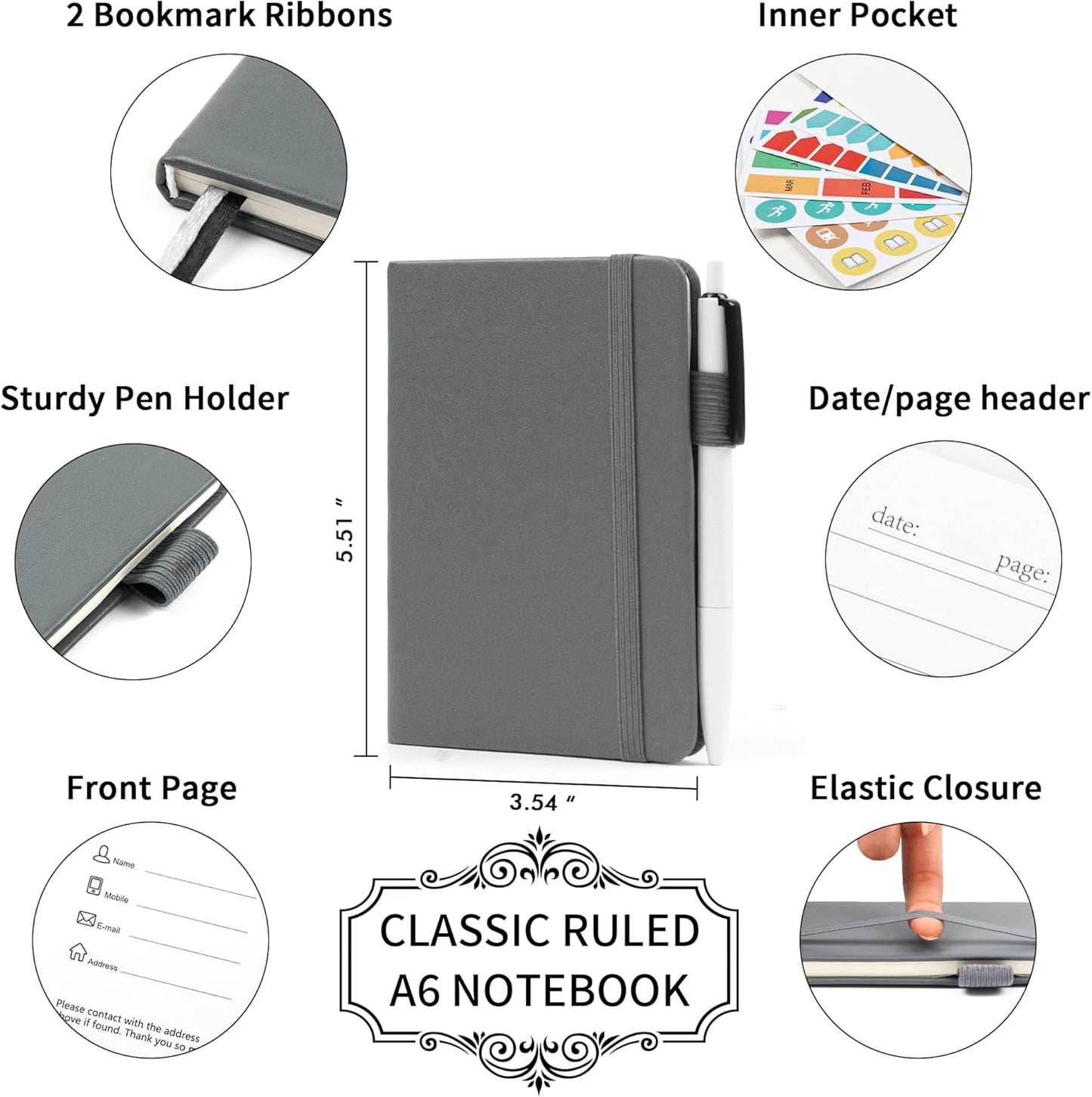 feela 3 Pack Pocket Notebook Journals with 3 Black Pens, A6 Mini Cute Small Journal Notebook Bulk Hardcover College Ruled Notepad with Pen Holder for Office School Supplies, 3.5”x 5.5”, Gray