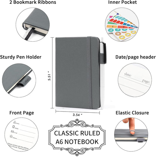 feela 3 Pack Pocket Notebook Journals with 3 Black Pens, A6 Mini Cute Small Journal Notebook Bulk Hardcover College Ruled Notepad with Pen Holder for Office School Supplies, 3.5”x 5.5”, Gray
