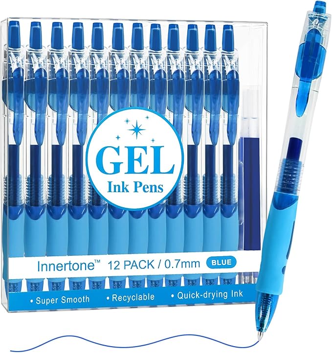Innertone Blue Gel Pens，12 Pcs Retractable Fine Point 0.7mm With 4 Refills,Blue Pen，Featuring Smooth Writing And Quick-Drying Ink, Suitable For Women, Men, Journaling, School, And Office Use