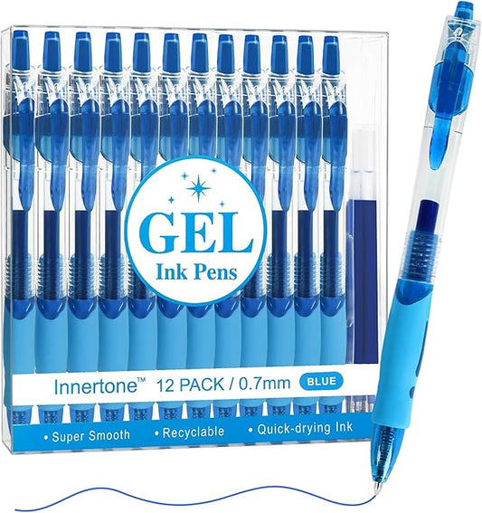 Innertone Blue Gel Pens，12 Pcs Retractable Fine Point 0.7mm With 4 Refills,Blue Pen，Featuring Smooth Writing And Quick-Drying Ink, Suitable For Women, Men, Journaling, School, And Office Use