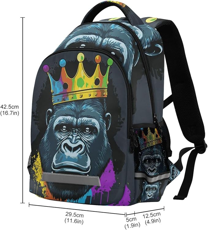 Gorilla with Crown Backpack for Boys Girls Elementary School Bag Kids Bookbag Travel Rucksack