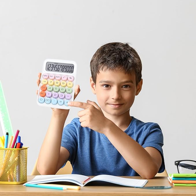 Mechanical Pushbutton Calculator,12 Digit Large LCD Display,Big Buttons Easy to Press,Colorful Candy Calculator,Automatic Sleep,with Battery.for Office,School, Home. (White)