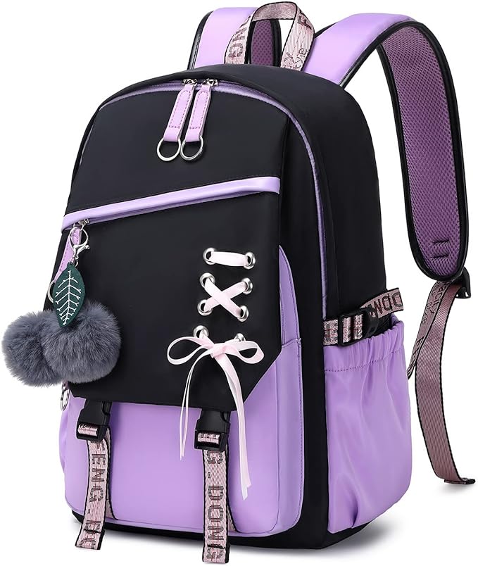 Teenage Girls Bookbag School Backpack Children Casual Daypack Schoolbag for Teens Black Purple