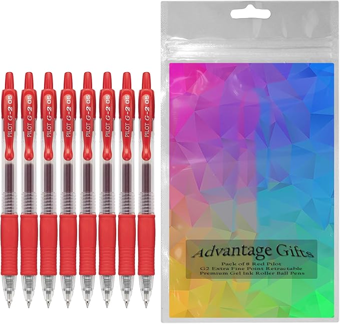 G2 Retractable Premium Gel Ink Roller Ball Pens Extra Fine Point (.5mm) Red Ink 8 pack; Refillable & Premium Comfort Grip Bundle with Plastic Reusable Pouch