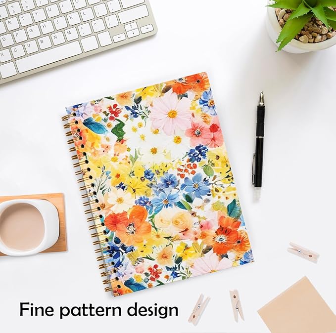 Boho Colorful Floral Notebook, Vibrant Flower Plant Journal, Cute Aesthetic Journal for Women, Cottagecore Wildflower Botanical Hardcover Spiral Notebooks, 5.5x8.3 Inch