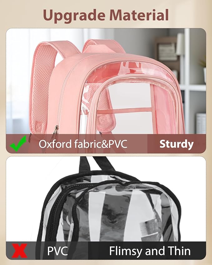 Clear Backpack, Heavy Duty Transparent Bookbag for School, Fabric & PVC Transparent Backpack with Reinforced Strap for Women Men, Capacity Clear Bag for College, Travel, X-Large Pink
