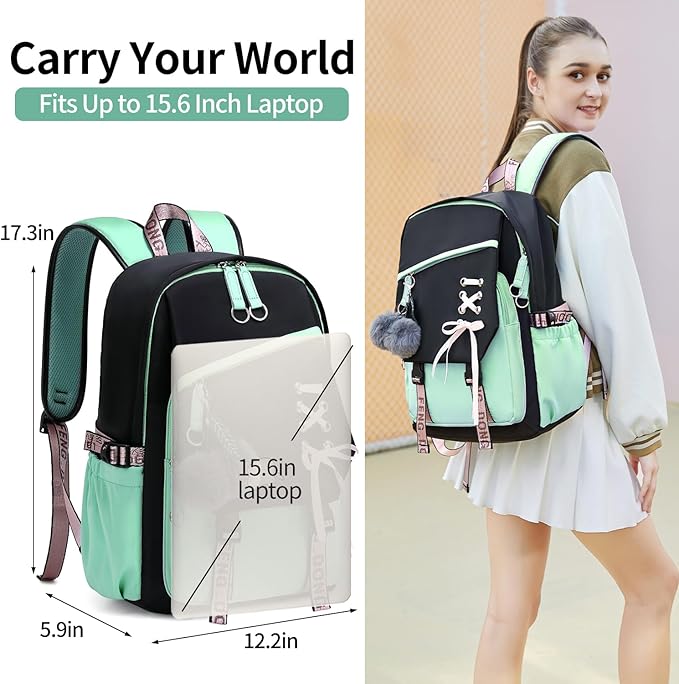 FENGDONG Teenage Girls Bookbag school Backpack Children Casual Daypack Schoolbag for Teens Green