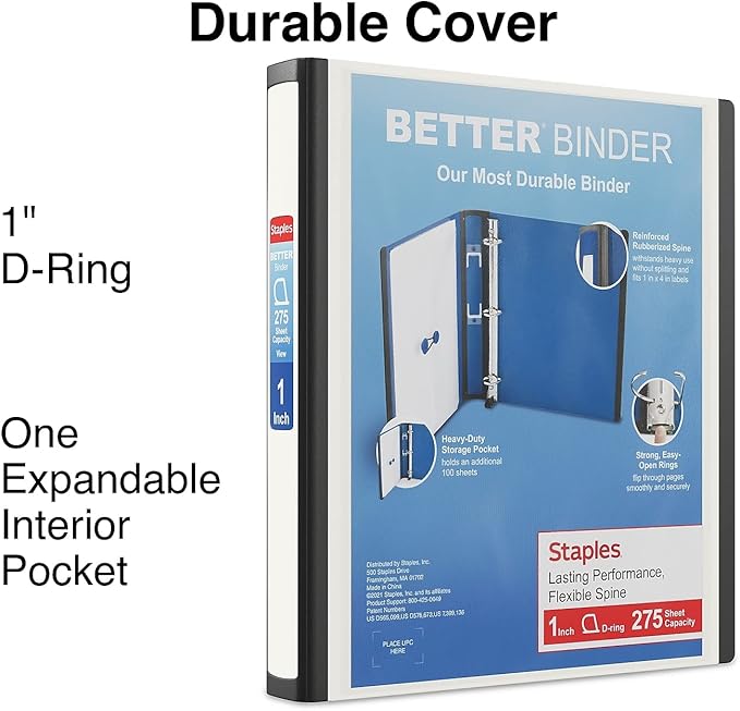 1" STAPLES Better View Binder with D-Rings, White