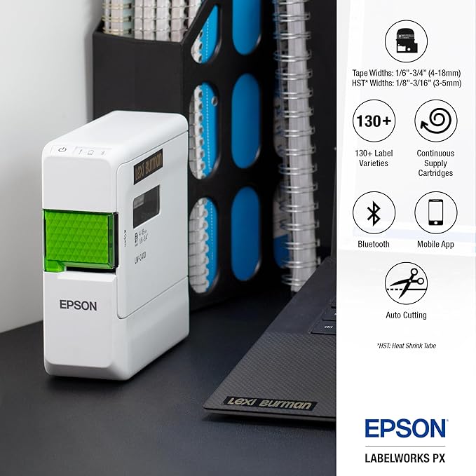 LABELWORKS Epson LW-C410PX Portable Bluetooth Label Machine Printer for Home and Office – Efficient, Create Sticker Labels for Crafts and Organization, Designer Tape Supported, App Compatible