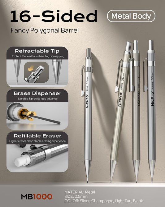 Nicpro 37PCS Art Mechanical Pencil Set, Metal Drafting Pencils 0.5 mm, 0.7 mm, 0.9 mm & 2mm Lead Pencil Holder (6B 4B 2B HB 2H 4H Colors) For Sketching Drawing With 20 Tube Lead Refills Eraser Case