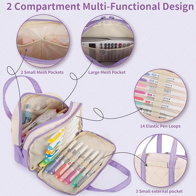 2 Compartment Pencil Case For Girls,Zipper Pencil Bag With Handle, Large Capacity quilting Pencil Pouch Organizer Aesthetic, Womens Soft Pencil Box Marker Pouch For Middle School Office College