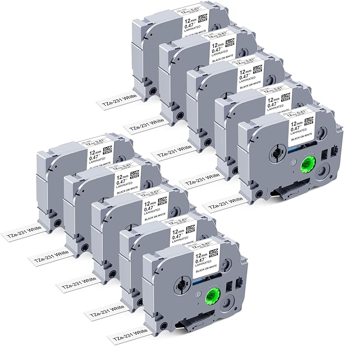 BOYEEZON 10Pack P Touch Tape 12mm 0.47 White Replacement for Brother TZ Tape TZe-231 Laminated White Label Maker Refills Compatible with Brother P Touch PTH110 PT-D200 PTD600 PTD220 Label Maker