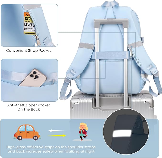 3PCS School Backpack For Student Women College Middle High Teen Girls Bookbag Waterproof Laptop Bag Plaid Blue