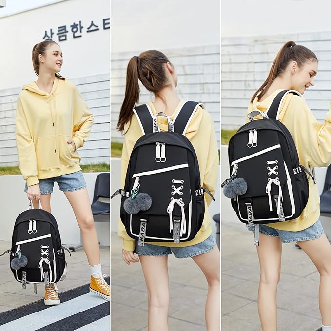 Teenage Girls Bookbag School Backpack Children Casual Daypack Schoolbag for Teens Black White