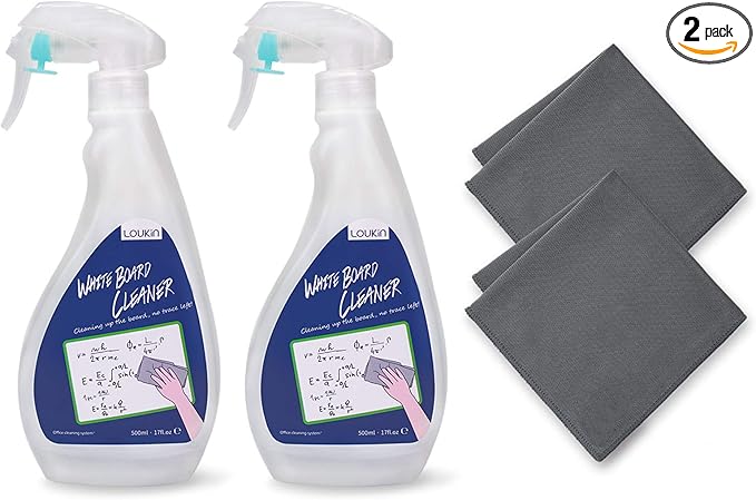 loukin Non-Toxic Whiteboard Cleaner, 17 fl oz Dry Erase Board Cleaner, Low-Odor Whiteboard Cleaning Spray with Cloths, Removes Stubborn Marks from Whiteboards, Chalkboard (2-Pack)