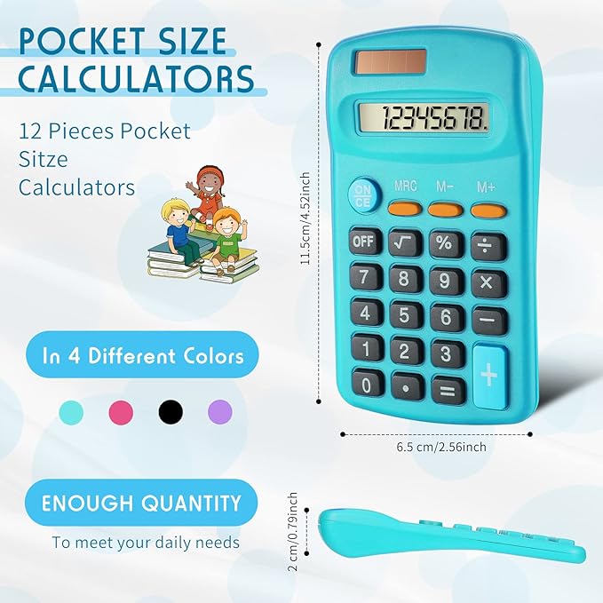 12 Pack Pocket Size Mini Calculator Basic Calculator for Students 8 Digit Display Solar Battery Dual Power Small Desktop Home Office School Students Kids, 4 Colors