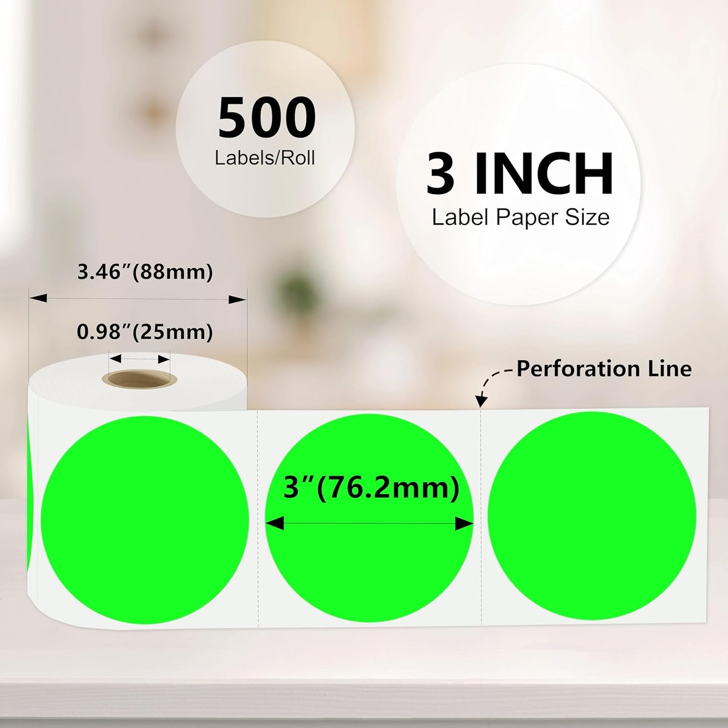 3 X 3 Inch Color Coding Dot Labels Circle Thermal Printable Waterproof 2000 Pcs Round Stickers Adhesive Writable for Office, Home, Garage, DIY Sticker, Barcodes, Name Tag, Fluorescent Green