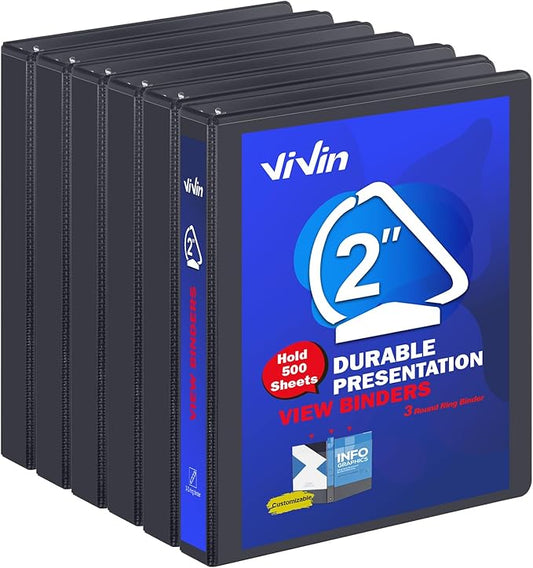 3 Ring Binder 2 Inch, ViVin Sturdy 2"-Slant D Ring Binder with 2 Interior Pockets, Clear View Cover, PVC-Free, Fits 500 Sheets of US Letter Size Paper (6 Pack, Black)