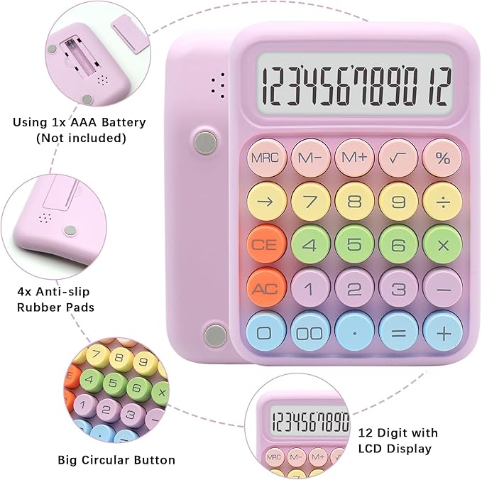 Purple Calculator, Cute Calculator with 12 Digit Display and Big Buttons,Purple Office Supplies and Desk Accessories for Office Clerks