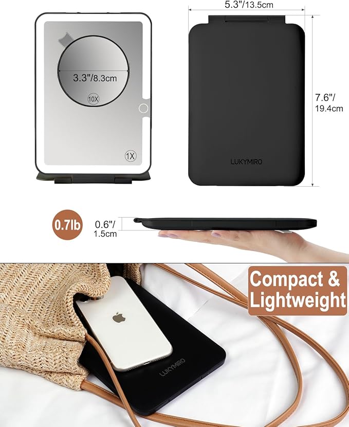 Rechargeable Travel Makeup Mirror with Lights, Portable Lighted Vanity 10X Magnification, 70 LEDs 3 Color Dimmable Touch Screen, Tabletop Folding Compact Cosmetic (Black)