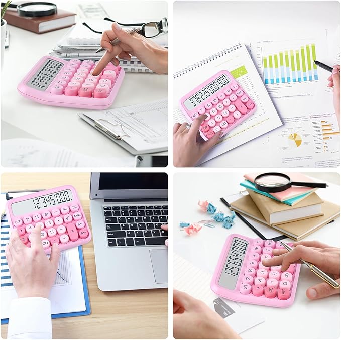 Mechanical Switch 12-Digit Pink Calculator - Large LCD Display, Big Buttons, Desktop, Cute, For Everyday Use