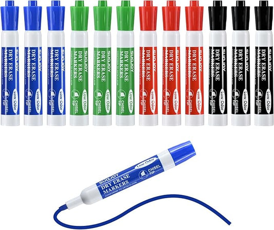 Dry Erase Markers, Chisel Tip Whiteboard Marker, Low Odor Thick Dry Markers, 12 Count 4 Assorted Color Markers for Kids/Teachers