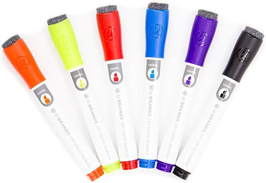 U Brands Fine Tip Dry Erase Markers with Eraser, Whiteboard Markers with Chisel tip, Low Odor, Assorted Colors, Set of 6