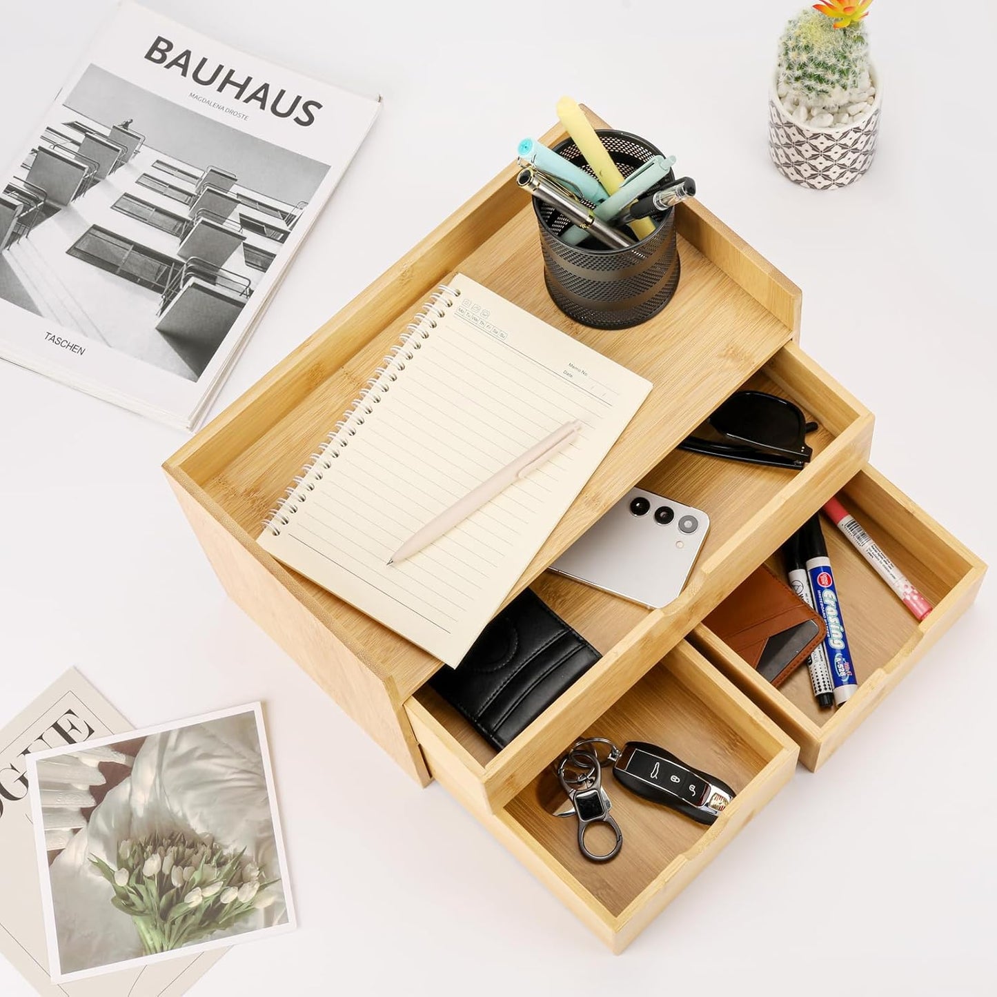 Bamboo Desk Organizer 3 Drawer with Shelf, Countertop Organizer with Drawers Makeup Storage Drawer 3 Drawers Tabletop Storage Organization Box Home Office Workspace