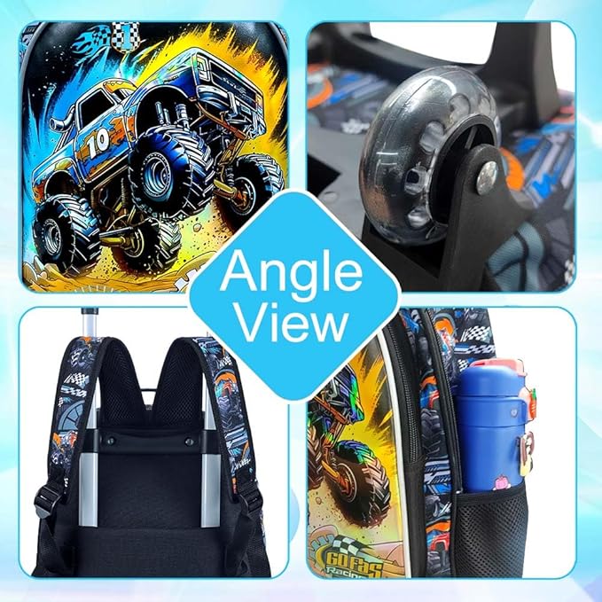 3PCS Truck Rolling Backpack for Boys, Kids Roller Bookbag with Wheels, Car Wheeled School Backpack for Elementary Preschool Kindergarten(Black)