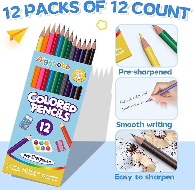 144 Count Colored Pencils for Kids, 12 Pack Colored Pencils Bulk in 12 Vibrant Colors, Pre-sharpened Color Pencil, Bulk School Supplies for Teachers, Classroom Prizes, Art Supplies for Adults