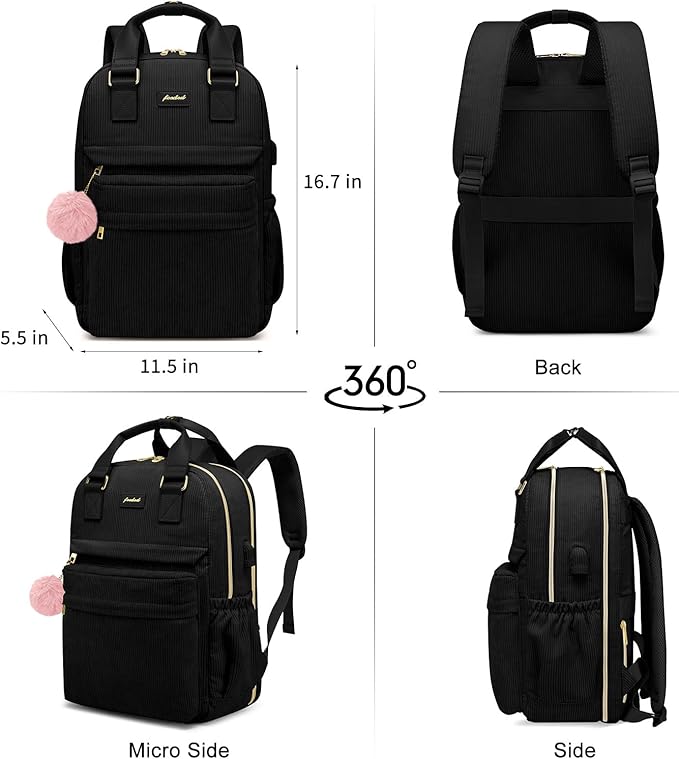 School Backpack for Girls Laptop Bookbag: Casual Corduroy Women Backpacks with USB Charging Port TSA Friendly Travel Back Pack with Anti-Theft Pockets Cute College Daypack for Teen Students Black