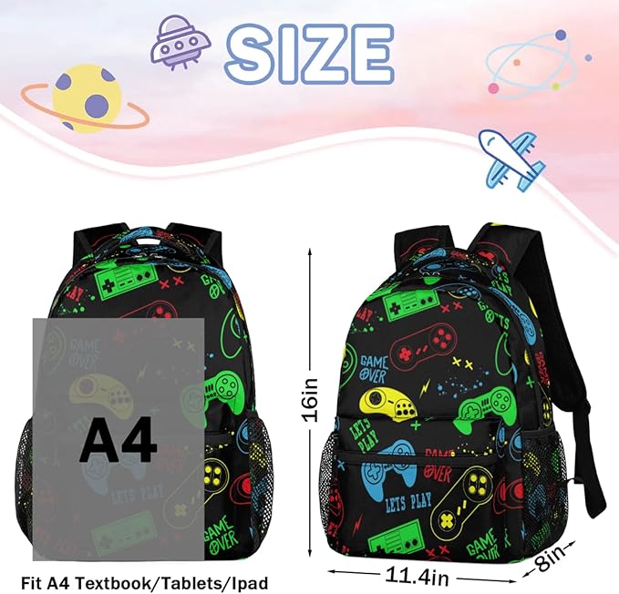 Kids Backpack for Boys Girls - School Bags for Primary Middle High School College Waterproof Casual Daypack Bookbag Lightweight Laptop Travel Backpack (Colorful Video Game)
