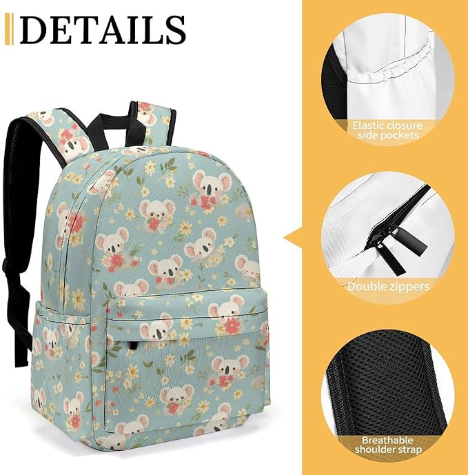 17 Inch Laptop Backpack Cute Koala Face Spring Flowers Teen Girls Boys School Backpack Bags Travel Bookbag Back Pack Outdoor Daypack for Women Men