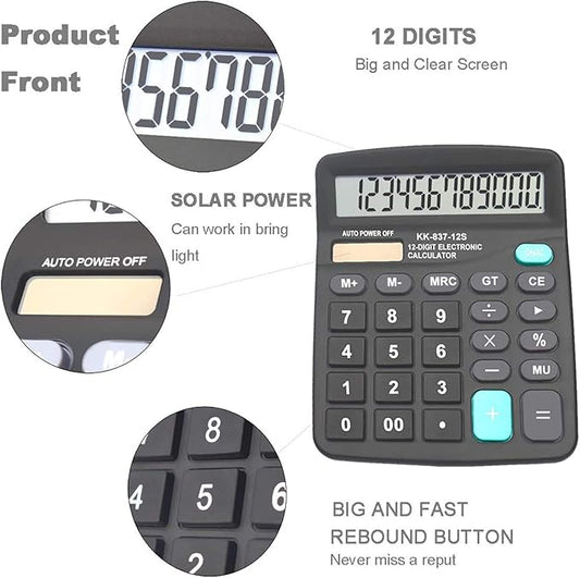 Calculators for Desk, BESTWYA 12-Digit Dual Power Handheld Desktop Calculator with Large LCD Display Big Sensitive Button (Black,Pack of 4)