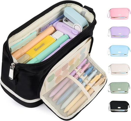 Sooez Big Pencil Case, Extra Large Pencils Pouch, Wide Opening Pen Bag Box with 6 Compartments, Store 200 Pens, Zipper Stationery Organizer, Cute Aesthetic School Supplies for Teen Girls Boys Women