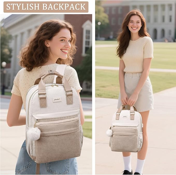 School Backpack for Girls Laptop Bookbag: Casual Corduroy Women Backpacks with USB Charging Port TSA Friendly Travel Back Pack with Anti-Theft Pocket Cute College Daypack for Teen Students Khaki Beige