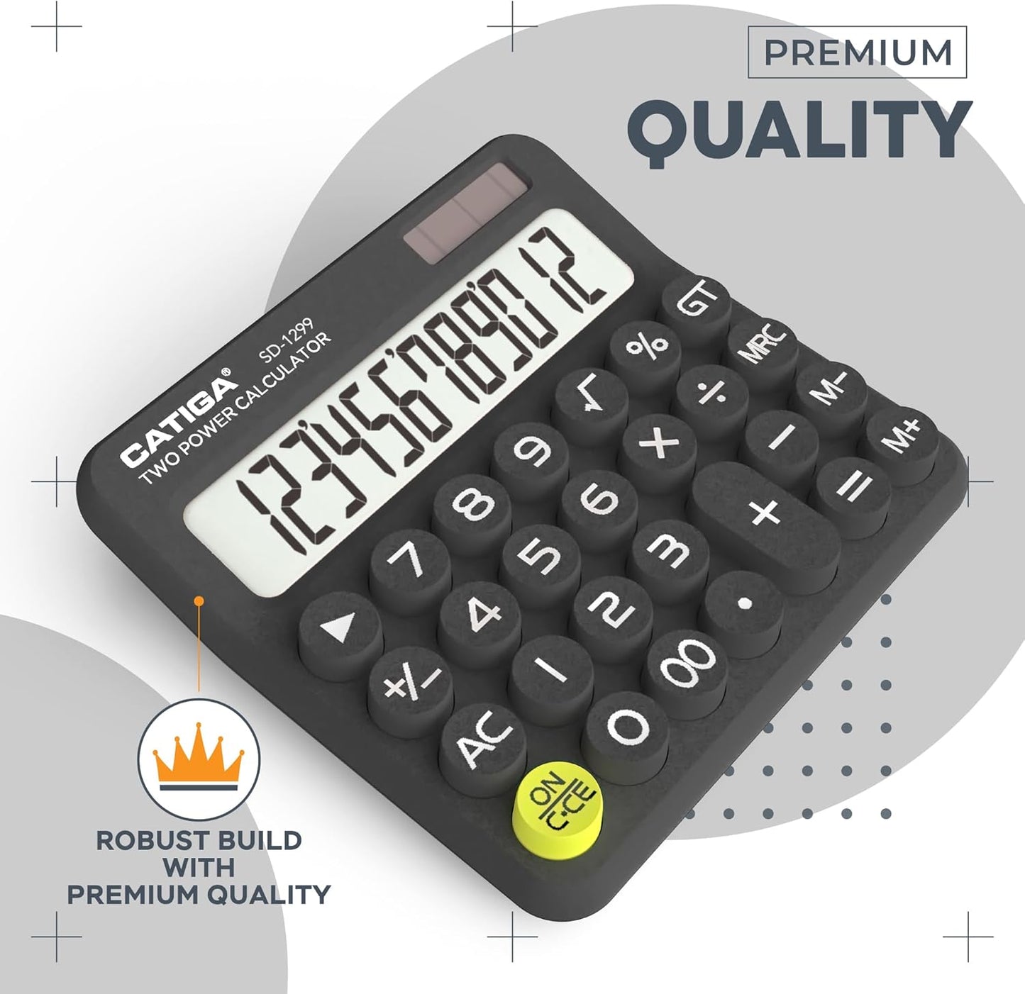 CATIGA Mechanical Switch Calculator with Solar and Battery Dual Power, 12-Digit Large LCD Display, Aesthetic and Cute Desktop Calculator with Big Button, for Home, School and Office Use, SD-1299