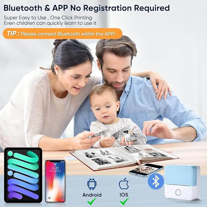 Mini Pocket Printer - Inkless Sticker Printer, Compatible with iOS + Android for Study Notes, Memo, Fun, Work, Journal