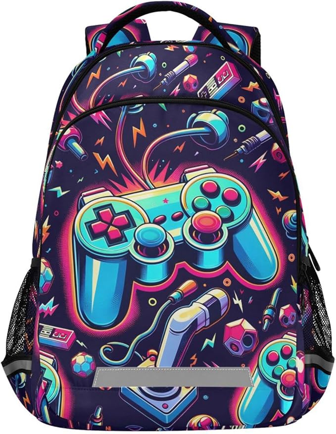 Bright Video Game Joystick Backpack for Boys Girls Elementary School Bag Kids Bookbag Travel Rucksack