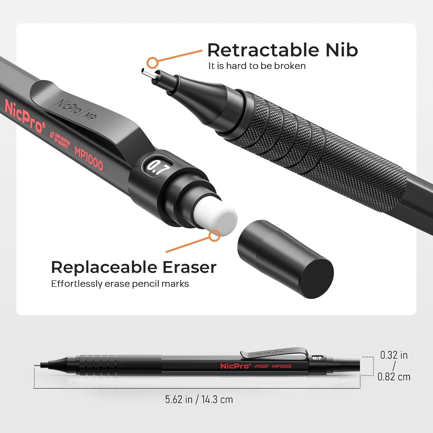 Nicpro Black Art Mechanical Pencil Set, 5PCS Metal Drafting Pencils 0.3, 0.5, 0.7, 0.9 mm & 2mm Graphite Lead Holder For Sketching Drawing With 9 Tubes (4B 2B HB 2H Colors) Lead Refills Erasers Case